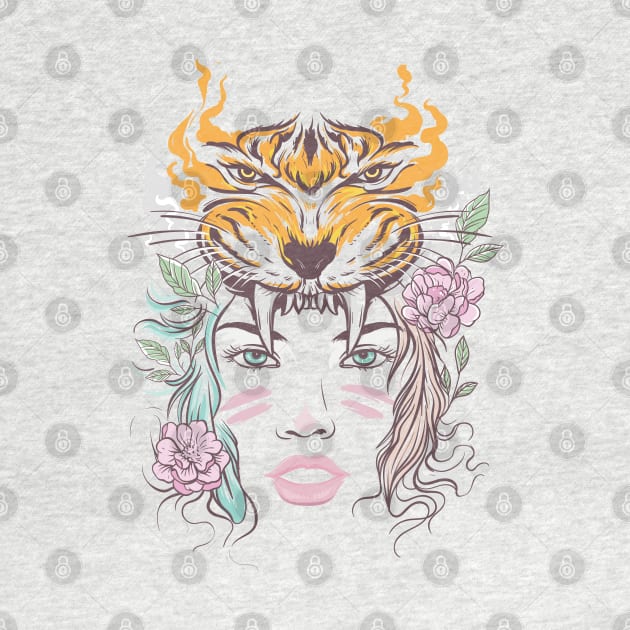 beautiful lady face with tiger head and flowers by Skidipap